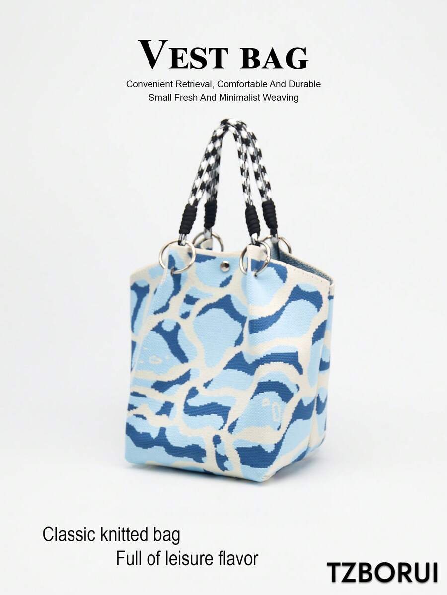 1pc Abstract Wavy Pattern Knitted Large Capacity Lightweight Tote Bag, Suitable For Commuting, School, Travel, Easy To Carry And Match With Clothes, All Seasons - Multicolor - View 1