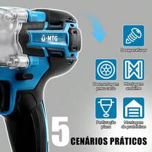 Chave de Impacto Sem Fio MTG 88V Motor Sem Escovas, Torque Máximo 800N.m, Encaixe 1/2", 2 Baterias Li-ion com Visor de Carga, Kit Completo com Soquetes, Brocas e Maleta para Mecânica Automotiva e Montagem - Azul - Visão 3