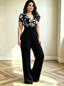 Plus Size Floral Print Knit Jumpsuit, Layered Collar Short Sleeve Wide Leg Long Formal Outfit, Stunning New Year Women's Black - Black - View 4