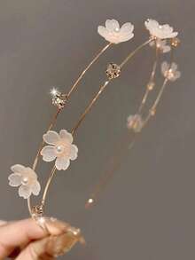 1pc Double Layer Alloy Thin Hair Tie With Faux Pearl Flower Decoration, Sweet Hair Accessory, Girls Headpiece - Multicolor - View 8