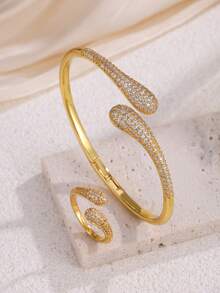 rakol Set Perhiasan Wanita 2 Buah Gelang dan Cincin Terbuka Berbentuk Tetesan Air Mata Warna Emas dengan Hiasan Batu Zirkonia Kubik - tetesan air - View 10