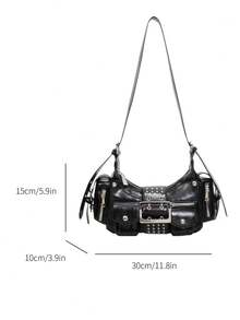American Motorcycle Style Rivet Underarm Bag For Women, Hot Girl Multi-Pocket Practical Shoulder Crossbody Cool Retro Women's Bag - Black - View 11