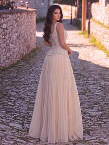 Faeriesty Luxury Elegant Beaded & Sequined Pleated Long Formal Evening Gown Party Wedding Fall - Champagne - View 2