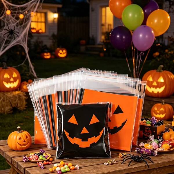 50pcs Halloween Mask Self-Sealing Bag, With Classic Orange And Black Pumpkin Smiling Face Pattern, Thick PE Sealed Bag, Suitable For Halloween Party Decoration, Halloween Candy Packaging Bag, Gift Portioning Bag
