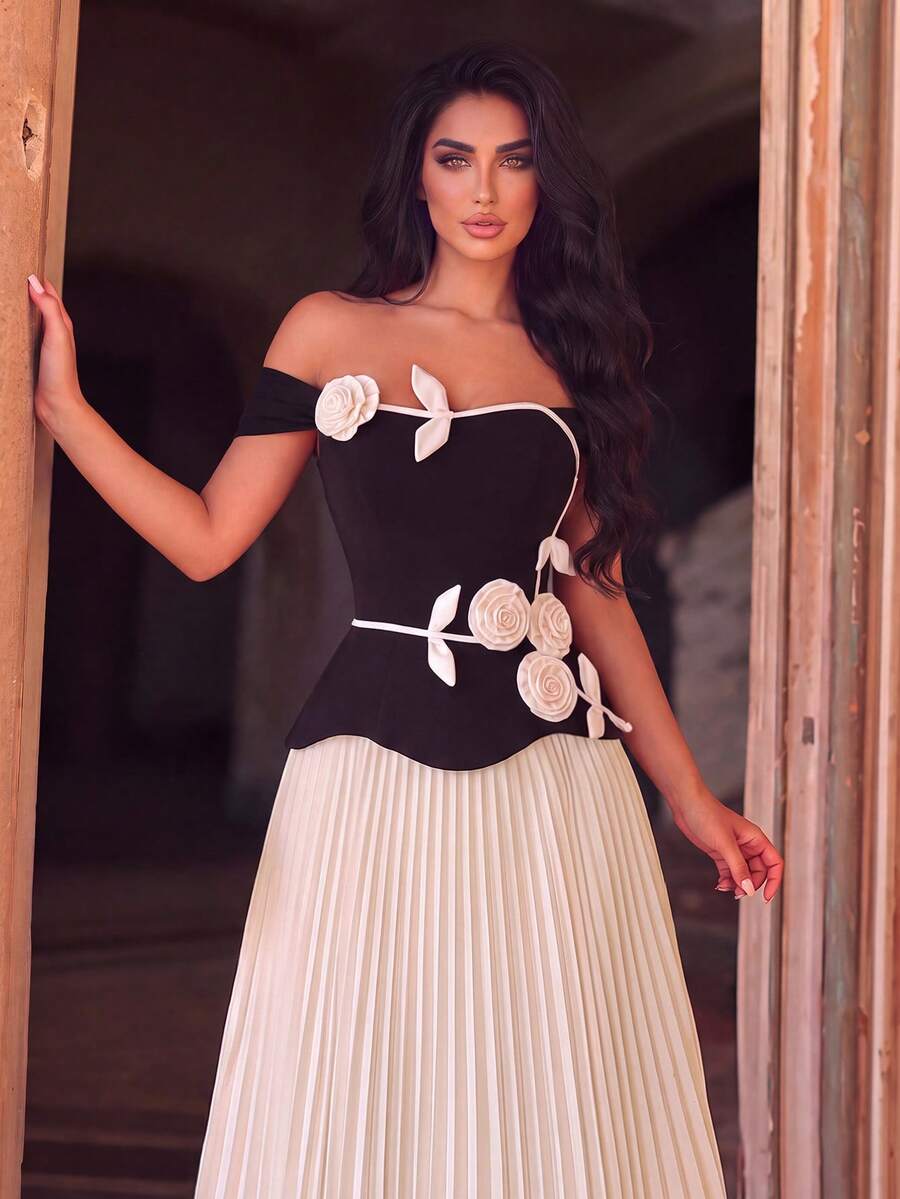 Fashionable Sleeveless Satin Maxi Dress, Cold Shoulder Design, Decorated With Artistic 3D Rose Accents, Soft Pleated, Suitable For Wedding Party Autumn - Black and White - View 1
