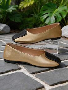1 Pair Women's Black Gold Two Tone Patchwork Square Toe Slip On Flat Loafers, Spring Autumn Daily Office Walking Footwear - Gold - View 6