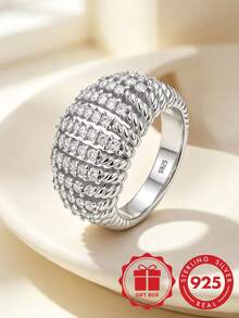 S925 Sterling Silver Multi-Layer Twisted Rope Design Full Zirconia Inlaid Wide Ring, Heavy Craftsmanship Luxury Elegant Banquet Versatile Women's Index Finger Ring, Jewelry Gift With Gift Box - Silver - View 11