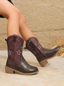 1 Pair Burgundy Glitter Embroidered Girls' Denim Boots, Low Chunky Heel, Mid-Calf Boots, Versatile For Runway And Casual Wear - Burgundy - View 2