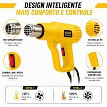 Soprador Térmico 1600W 220V Pistola de Ar Quente 2 Níveis 350°C a 600°C para Remover Tinta e Moldar PVC - Amarelo - Visão 6
