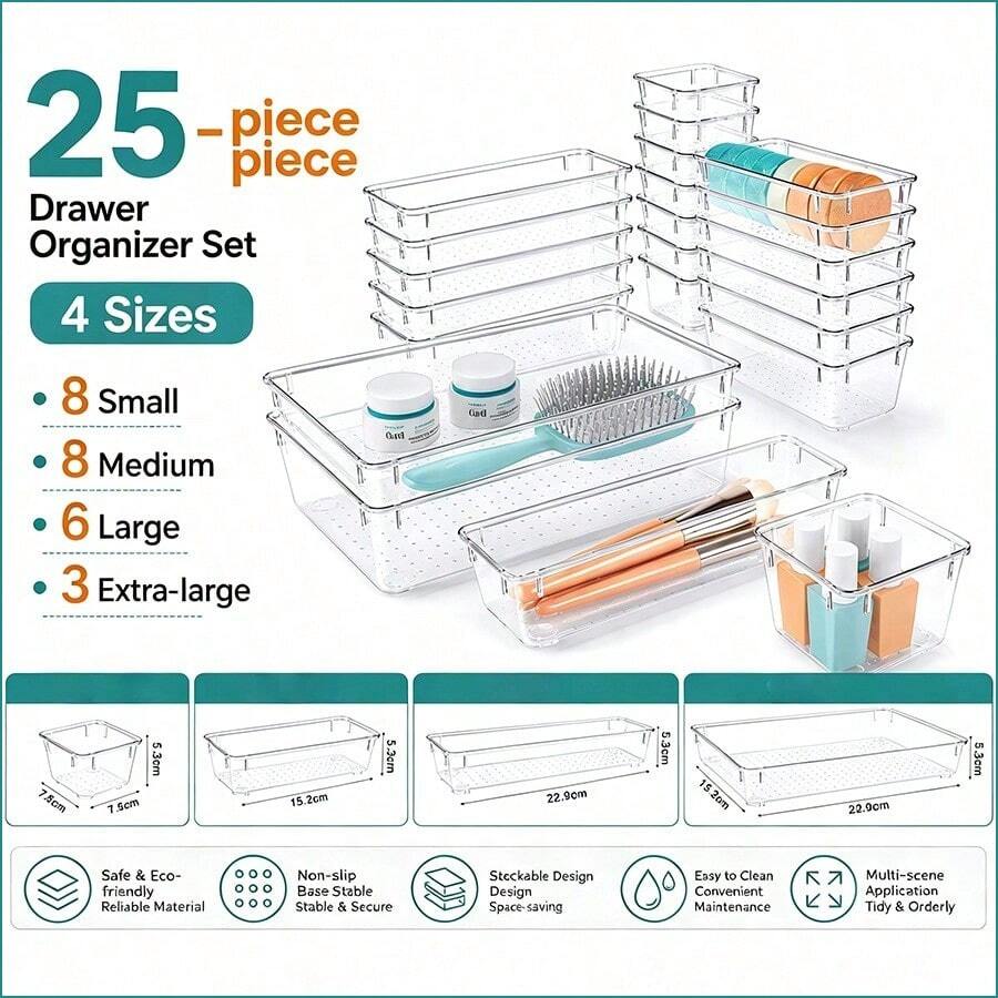 25pcs/9pcs/7pcs Transparent Drawer Organizer Set With Drawer Dividers, Diaper, Baby Bottle, Bibs Baby Supplies Storage Box, Multi-Functional Desktop Office Storage Organizer, Suitable For Bathroom, Baby Room, Home Items Classification Storage And Organization - Multicolor - View 1