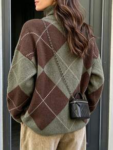 Women's Autumn/Winter Jacquard Knit Pullover Sweater, Olive Green, Back To School Season Color Block Patchwork Diamond Pattern, Old Money Style - Multicolor - View 7