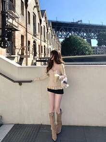 Knitted Textured Patchwork Sexy Style Tie Square Neck Cable Knit Pullover Sweater - Apricot - View 2