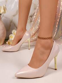 Pearlescent Light Pink Pointed Toe Stiletto High Heel Pumps With Gold Heel, Low Vamp Evening Dress Commuter Shoes, Suitable For Banquets And Weddings - Baby Pink - View 5