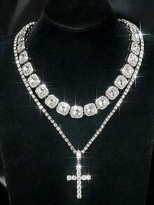 Rhinestone Tennis Chain & Cross Pendant Set With Cuban Chain, Unisex, Suitable For Party And Daily Wear - Silver - View 8