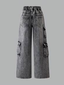 Teen Girls Dark Gray Multi-Pocket Cargo Denim Loose Straight Wide Leg Pants, All-Season Fashion Style - Black - View 6