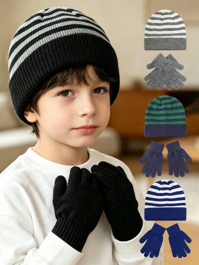 1 set gebreide muts en handschoenen voor kinderen, gestreept kleurblokontwerp, unisex voor jongens en meisjes, warme dikke zachte gebreide muts en handschoenen set voor schoolkinderen