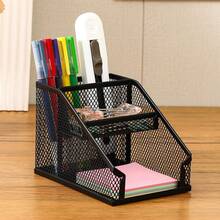 Mesh Desk Organizer For Office, Metal Pen Holder, Desktop Storage Caddy With Sticky Note & Card Slots, Black Stationery Holder For School & Exhibition - 5019 - View 3