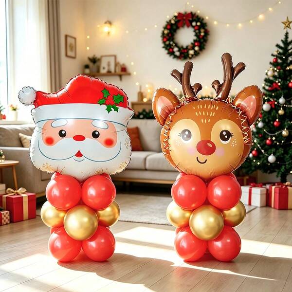 16/32pcs Christmas Theme Red & Gold Balloon Column Set, Includes Santa Claus & Reindeer Foil Balloons, Suitable For Christmas Party, Christmas Theme Birthday Party, Birthday, Ideal Christmas, Winter Home Decor, New Year's Eve Party Decoration