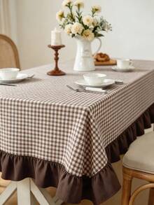 1pc Minimalist Pastoral Home Ruffle Trim Color Block Tablecloth, Brown & White Small Check Dust Cover, Washable & Reusable, Suitable For Dining Room, Kitchen, Banquet, Gathering, Homestay Decor, Holiday Party - Brown - View 5