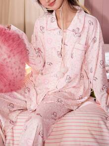 Gongdie 2pcs Disney Marie Women's Pajama Set, Spring/Autumn Pink Plaid & Floral Patchwork Soft Cotton Loungewear With Pockets - Pink - View 3