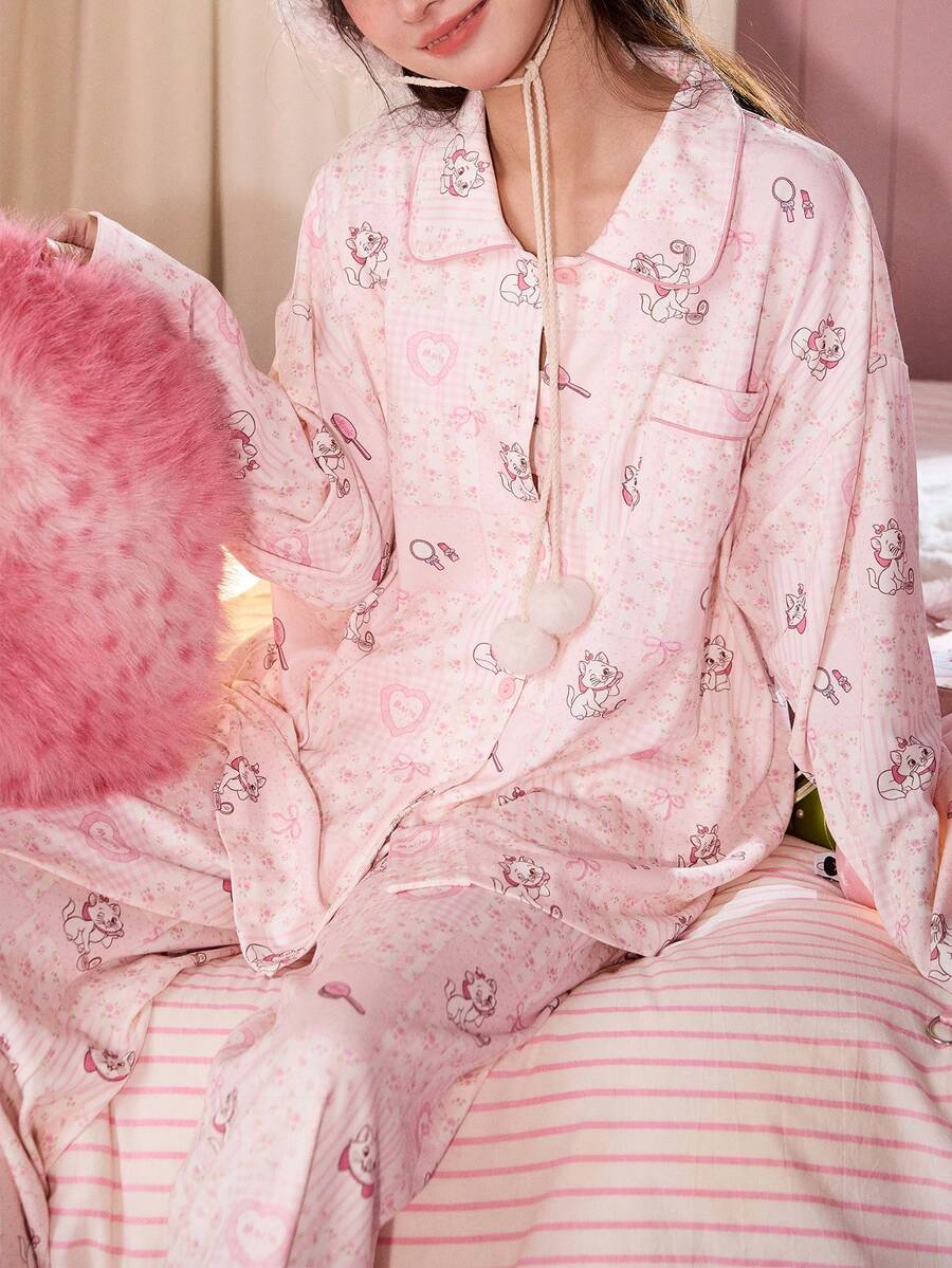 Gongdie 2 Pieces Disney Marie Women Pajama Set,Fall Pink Gingham & Floral Patchwork Soft Cotton Loungewear With Pocket - Pink - View 1
