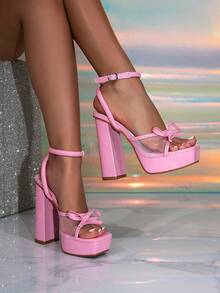 Women's Thick Platform Pink Square Toe High Heel Sandals, Glamorous Party Slippers - Pink - View 2