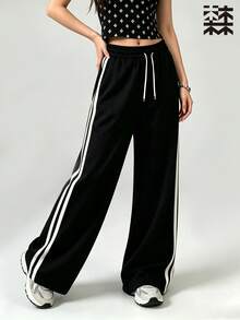 mulinsen Women's Straight Leg Ice Silk Quick Dry Striped Colorblock Sweatpants - Deep Space Black - View 1