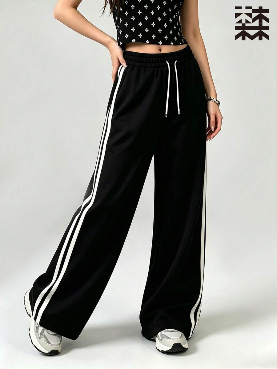 mulinsen Women's Straight Leg Ice Silk Quick Dry Striped Colorblock Sweatpants - Deep Space Black - View 1