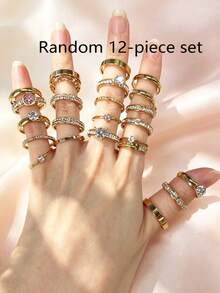 3/6/9/12pcs Elegant Stainless Steel Women's Ring Set, Rhinestone English Letter Round Zirconia Matte Multi-Style Stackable Rings, Suitable For Daily Commute, Dating, Confession, Engagement, Wedding Gift, Gentle Accessory, Random Style And Size - Gold - View 10