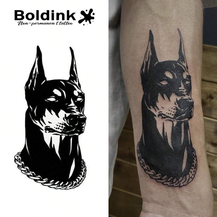 Boldink 1PC Pointy Ear Doberman Temporary Tattoo Sticker, Waterproof Body Art Tattoo Sticker, Lasts 1-2 Weeks, Plant Juice Formula, And Gentle, Non-Irritating, Perfect For Daily Wear, Body Decoration, Unisex Gift, Must-Have For People - Black - View 1
