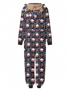 Family Matching Christmas Jumpsuits Pajamas Letter/Santa/Tree/Print Hooded Long Sleeve Playsuits Autumn Zipper Long Rompers - Blue Mom - View 3