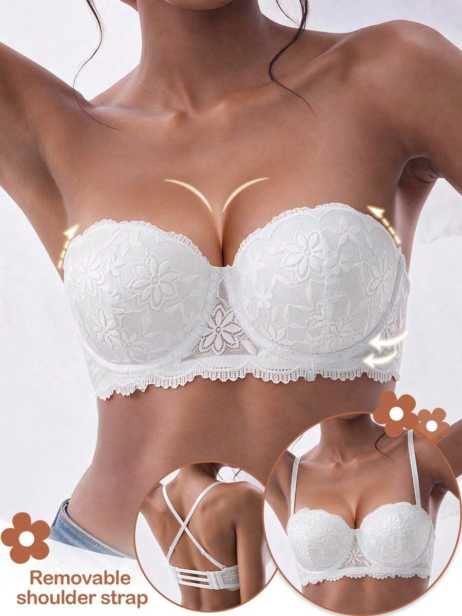 1pc Strapless Push-Up Lace Padded Convertible Multi-Way Underwire Bra, Can Increase 1 Cup Size, Multiple Wearing Styles