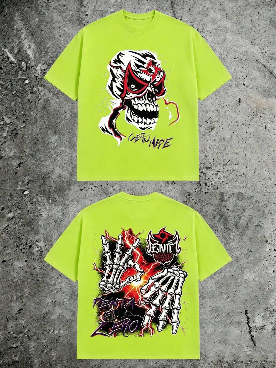 Luchador Mask Skull Streetwear Graphic Tee, Double‑Sided Skeleton Hands Lightning, 180g Pure Cotton Grunge Gothic Short Sleeve For Men - 螢光綠2 - 查看 1