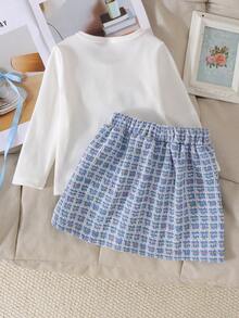 2pcs Set Baby Girl Exquisite Princess Cream White Ribbed Corduroy Long Sleeve Bodysuit & Matching Plaid Tweed Big Bow A-Line Mini Skirt Outfit, Spring Autumn Travel Photo Shoot Sweet Little Princess Style - Dusty Blue - View 4