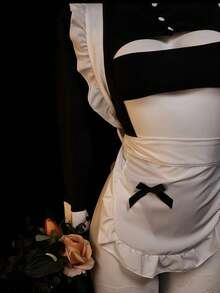 3pcs Maid Cosplay Costume Set, Ruffle Long Sleeve Top + Ruffle Apron Shorts Uniform Outfit, Bedroom Party Dress-Up Costume - Black and White - View 3