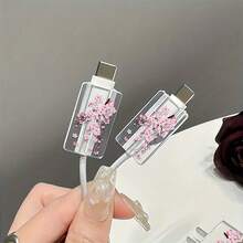 3pcs Pink Cherry Blossom Pattern Data Cable Protective Set, Anti-Breakage Cable Organizer, Compatible With IPhone 20W/18W Charger - Multicolor - View 4