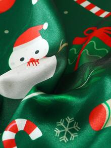 2pcs/Set Women's Satin Christmas Snowman & Candy Cane Print Lapel Long Sleeve Top And Pants Pajama Set - Green - View 7