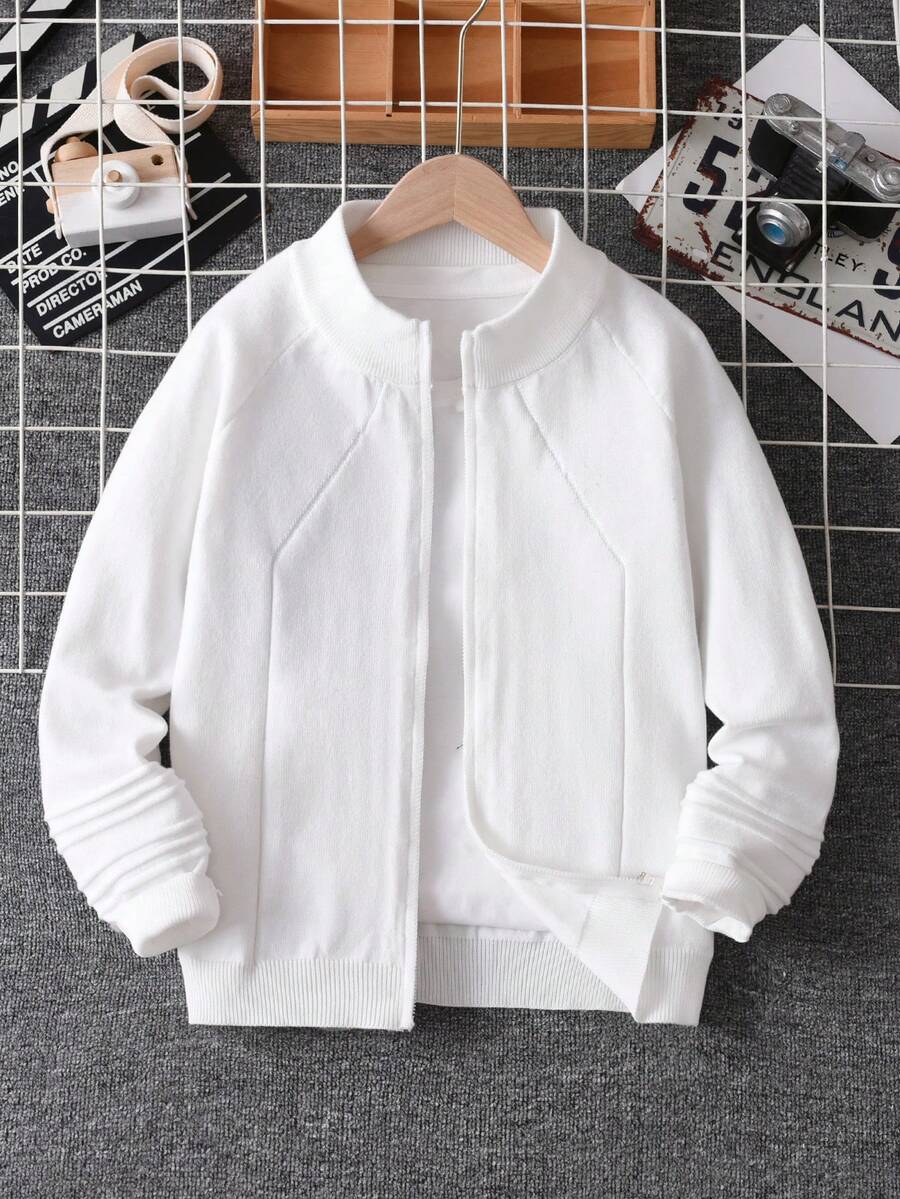 Boys' College Style Solid Color Striped Stand Collar Raglan Sleeve Knit Cardigan, Suitable For Casual Daily Wear In Spring, Autumn And Winter - White - View 1
