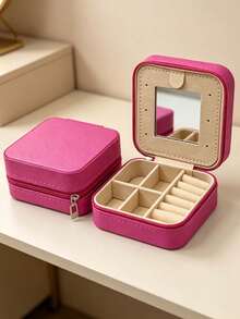 1pc Solid Color Zipper Jewelry Box, Portable Storage Box With Mirror, Large Capacity Jewelry Box, Travel Jewelry Zipper Box, Jewelry Box, Suitable For Earrings, Necklaces, Rings And More - Multicolor - View 17