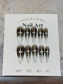 Edgy 10pcs Long Stiletto Press On Nails, Sparkly Silver Black Cat Eye With Metallic Cross Star Pattern And Rhinestone Accents, Heavy Duty Handmade False Nails Set For Women Girls Party Club Night Out Halloween Cosplay Daily Wear Holiday Christmas - Silver Black - View 4