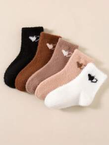 5 Packs Of Children's Plush Warm Mid-Calf Socks, Earth-Toned Heart Pattern, Soft And Comfortable, Warm Children's Casual Home Socks For Winter. - Multicolor - View 11