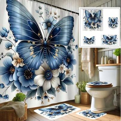Juego de 4 piezas de cortina de ducha para baño, elegante degradado azul oscuro con mariposas, flores silvestres azul y blanco, detalle de puntos dorados, base blanca clara, cortina de ducha impermeable, alfombra de baño a juego, alfombra de inodoro en forma de U, tapa de inodoro, 12 ganchos, arte floral vintage neutro
