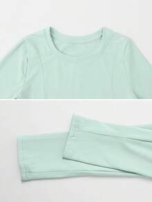 Women's Solid Long Sleeve Slimming T-Shirt Stretchy Yoga Top Casual Fall Winter Basic Gym Pilates Workout - Mint Blue - View 3