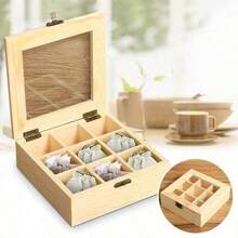 Wooden Tea Bag Jewelry Organizer Chest Storage Box 9 Compartments Tea Box Organizer Wood Sugar Packet Container - Yellow - View 2
