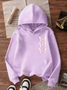 青少年女孩 1件蝴蝶印花連帽衛衣，保暖內裡加厚運動上衣，學生兒童服飾，適合兒童秋冬長袖上衣，Y2k/街頭/度假/時尚/大學 - 紫色 - 查看 5