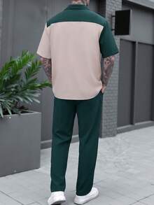 春秋成熟風對比色拼接直條紋短袖單排扣修身襯衫搭配鬆緊腰寬鬆長褲純色2件套，都市休閒通勤，光滑聚酯纖維梭織面料 - 綠色 - 查看 3