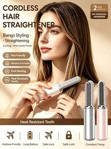 Upgraded Version Wireless Bangs Comb,Water-Based Glaze Coating,Straightening And Curling,Rechargeable Mini Straightening,Anti-Tangle Design,Fast Heating,Unisex Styling Comb,Suitable For Short Hair And Touch-Ups,Hair Products,Holiday Essentials - Multicolor - View 13