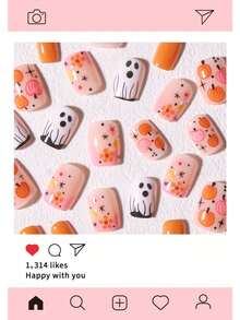 Halloween 24pcs Short Square Press-On Nails, Ghost, Flower, Pumpkin Pattern Design, Acrylic Material Set Includes: 1pc Jelly Glue And 1pc Nail File - Multicolor - View 4