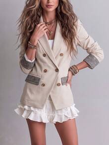 Women's Autumn/Winter Jacket With Printed Cuffs, Double-Breasted Design, Pockets, Elegant Fashion Commute And Daily Wear Blazer - Apricot - View 5
