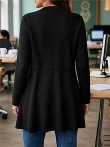 Women's Waffle Texture Cardigan, Cinched Waist Mid-Length Knit Jacket, Long Sleeve Versatile Commuter Outerwear - Black - View 2